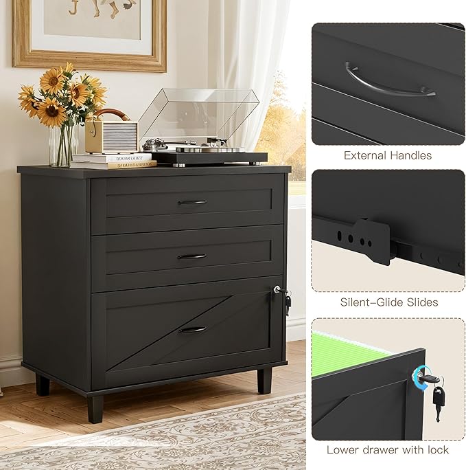 Large Wooden File Cabinet Black 32in Lateral Filing Cabinets 3 Drawer with Hanging File Folders for A4 Letter Legal Wood Office Storage Organizer Furniture Printer Stand