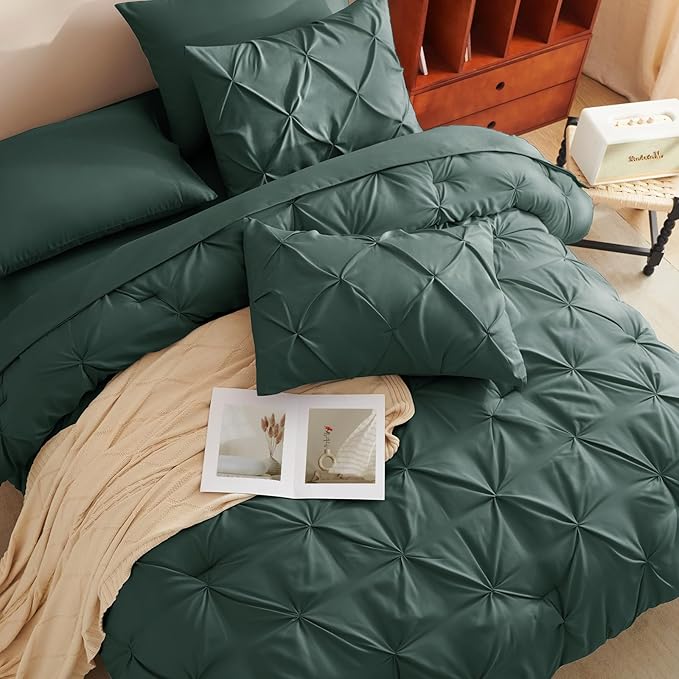 CozyLux Queen Comforter Set Forest Green, 7 Pieces Pintuck Bed in A Bag, Premium Green Comforter Queen Size, Pinch Pleat Bedding Sets with Comforter, Sheets, Pillowcases & Shams