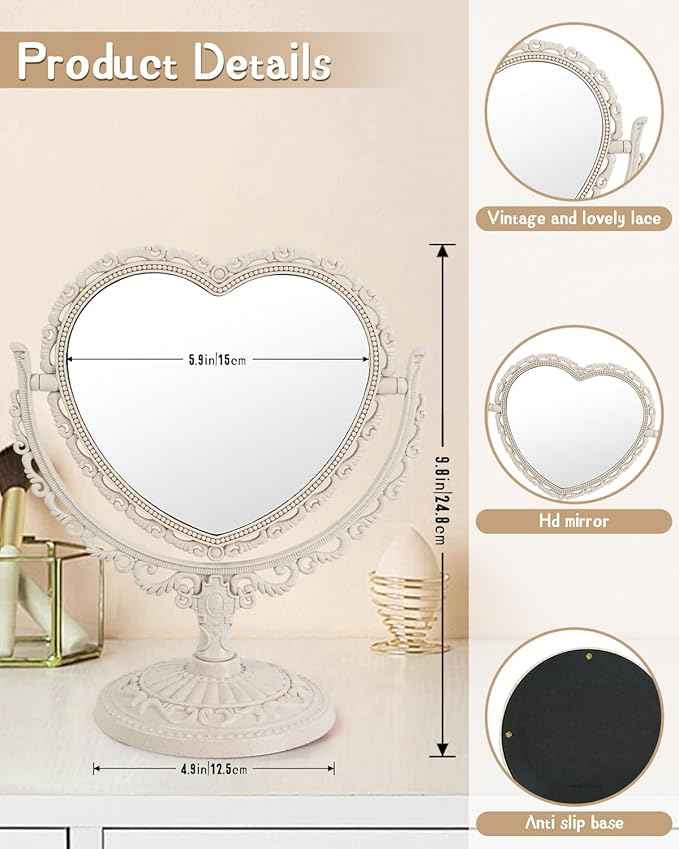 D&XQAUO Vintage Heart Mirror for Desk Cute Coquette Room Decor,Vanity & Bathroom Double-Sided Rotating Makeup Table Mirror with Stand