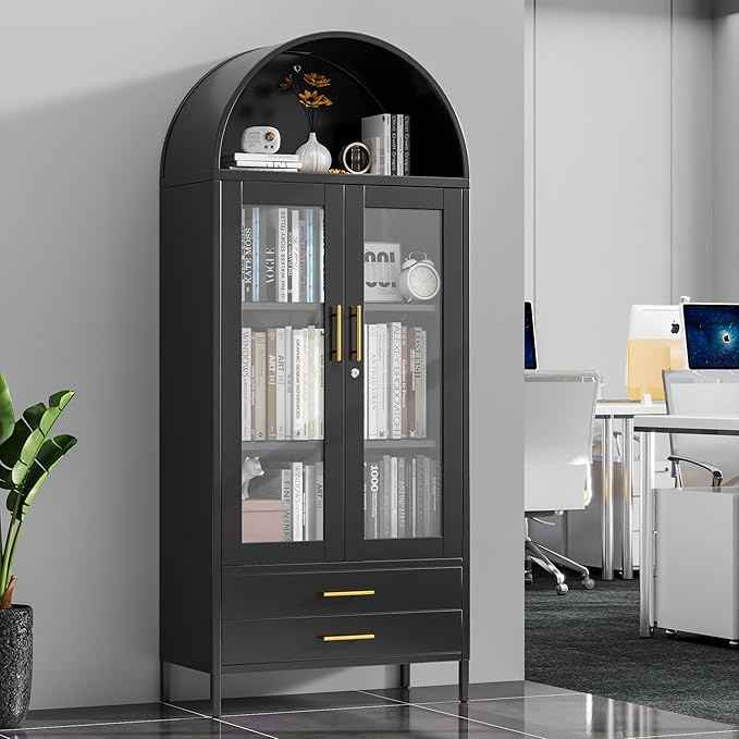 73'' Black Tall Arched Bookcase Cabinet with Glass Doors, Metal Arched Pantry Cabinet with 2 Drawers for Home Kitchen Office,Required Assembly