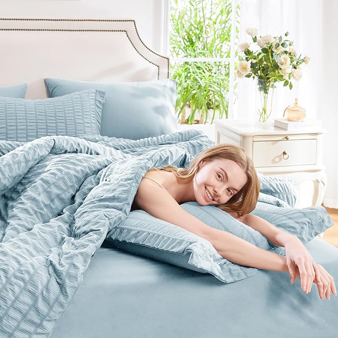 CozyLux Queen Comforter Set Light Blue Seersucker 7 Pieces Bed in a Bag Queen Comforter Set with Sheets Luxury Soft Bedding Set with Down Alternative Comforter, Sheets, Pillowcases & Shams All Seasons