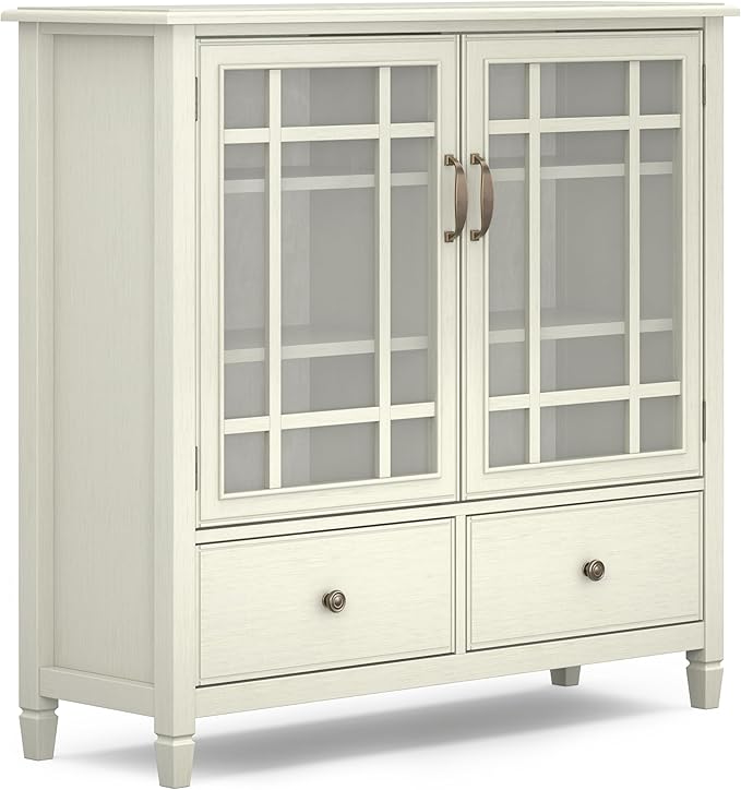 SIMPLIHOME Connaught Storage Cabinet - 46 inch Wide Solid Wood Tall Cabinet in Antique White, Traditional Console for Living Room or Dining Room with Glass Doors, Adjustable Shelves, and Drawers