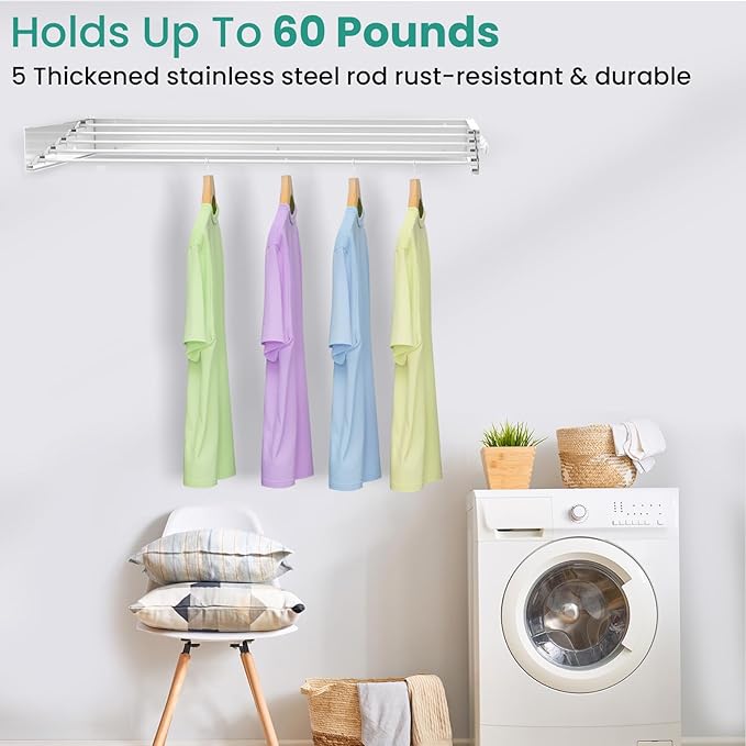 Upgrade 6 Knob Wall Mounted Clothes Drying Rack, Foldable Collapsible, Indoor, Clothing & Towel Drying Rack with Wall Template, 5 Rods, 31.5