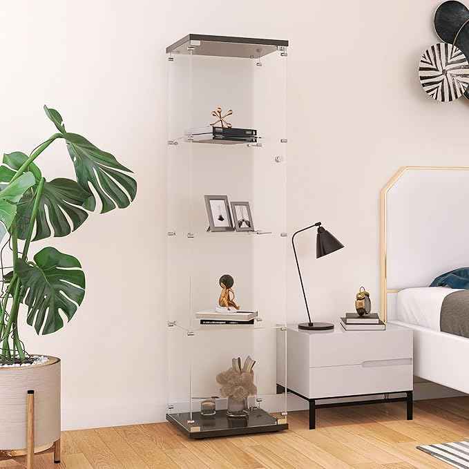 Beauty4U Glass Display Cabinet with 4 Shelves, Curio Cabinets for Living Room, Bedroom, Office, Black Floor Standing Glass Bookshelf, Quick Installation