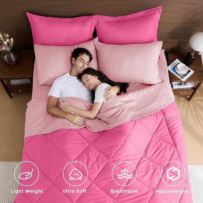 HEVUMYI Hot Pink & Baby Pink Twin-XL Comforter Set - 5-Piece All Season Bed in a Bag Twin-XL, Ultra Soft Bedding Set with Comforter, Flat Sheet, Fitted Sheet, Pillowcases, Pillow Shams
