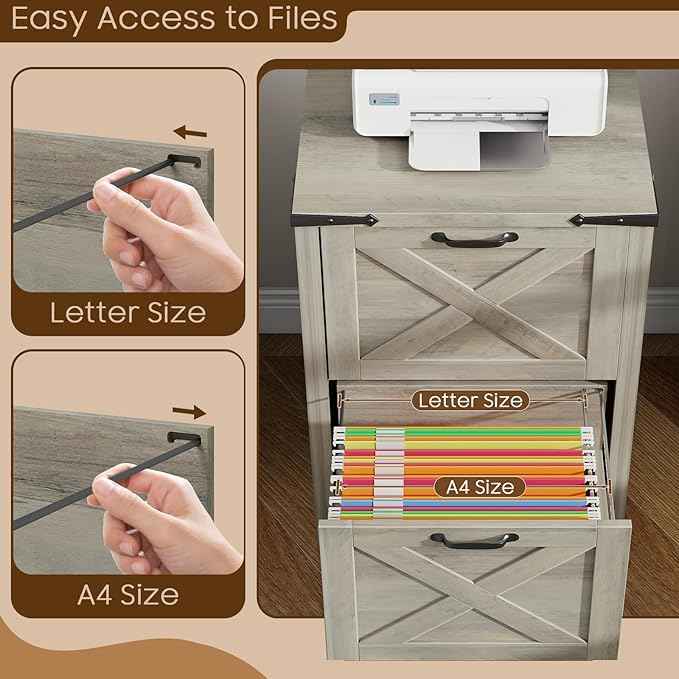 Vabches Vertical File Cabinet with 2 Drawers, Wooden Farmhouse Filing Cabinet for Letter/A4 Size Hanging Files, Under Desk Printer Stand with Storage for Home Office, Grey