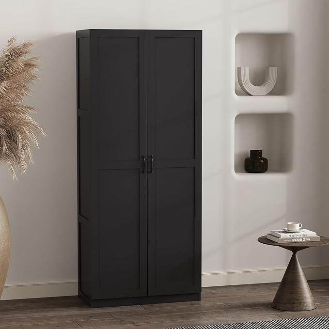 Manhattan Comfort Cornelia Modern Tall Storage Cabinet with Doors and Adjustable Shelves 1.0 - Freestanding Pantry Organizer for Kitchen, Laundry Room, Garage, or Mudroom, Set of 1, Black
