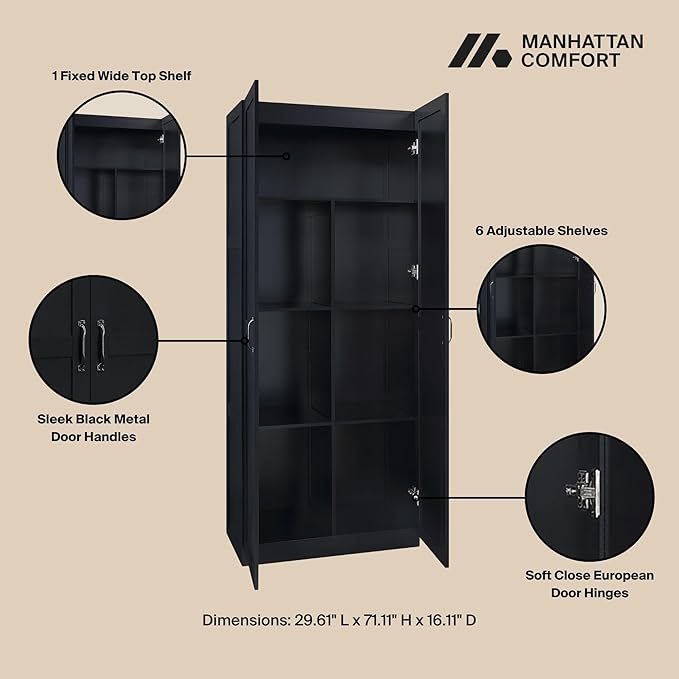 Manhattan Comfort Cornelia Modern Tall Storage Cabinet with Doors and Adjustable Shelves 1.0 - Freestanding Pantry Organizer for Kitchen, Laundry Room, Garage, or Mudroom, Set of 2, Black