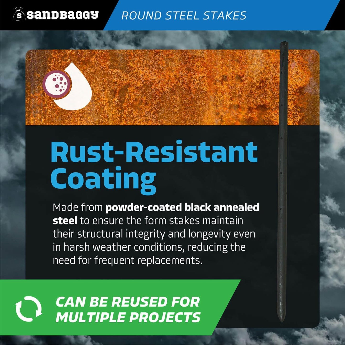 Sandbaggy Round Steel Concrete Form Stakes with Nail Holes - Rust Resistant Coating - Removable, Reusable (10, 3/4 in X 24 in)