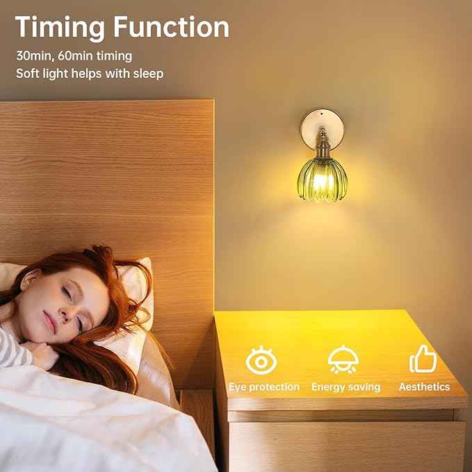 Battery Operated Vintage Wall Sconces with Green Tulip Glass Lampshade Battery Powered Wall Lighting for Bedside Bedroom Doorway, Set of 2