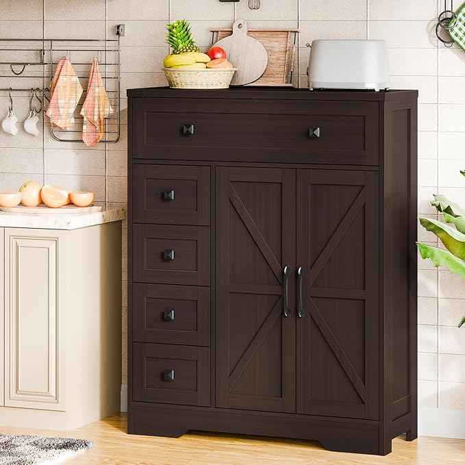 Vabches Farmhouse Storage Cabinet with 2 Doors and 5 Drawers, Freestanding Bathroom Cabinets Kitchen Pantry, Floor Storage Cabinet Hutch Cupboard for Living Room/Bathroom/Kitchen.（Espresso