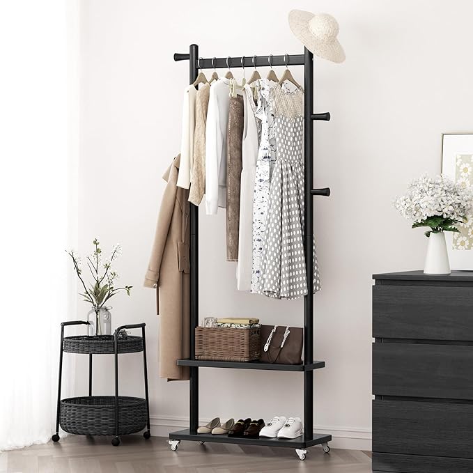 Coat Rack Freestanding Clothing Rack with Wheels & 2 Shelves Storage & 5 Hooks Heavy Duty Clothes Rack Wood Coat Tree Stand Hat Hanger Rack for Corner Bedroom Entryway Living Room Hotel Size L