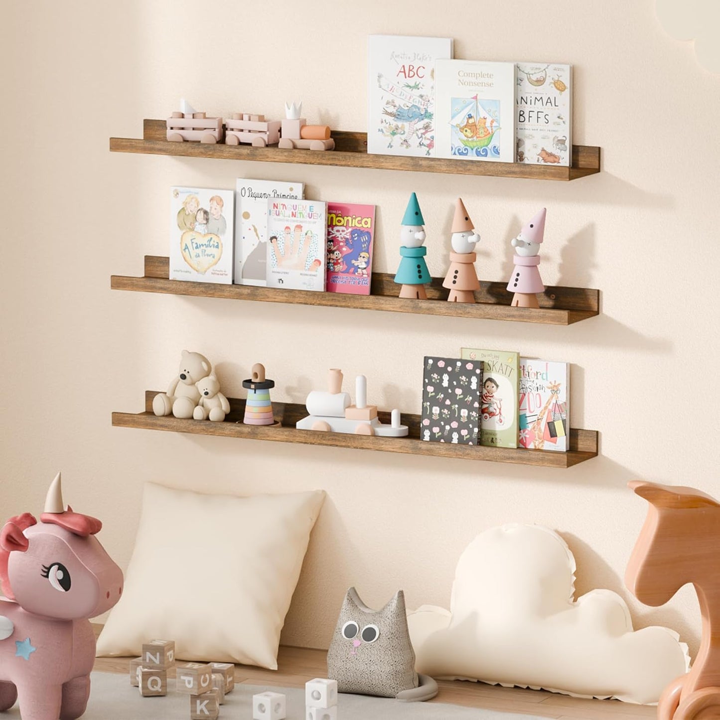 upsimples Floating Shelves for Wall, Wall Shelves for Decor Storage Set of 6, Wall Mounted Wood Shelf for Bedroom, Living Room, Bathroom, Kitchen, 35.5 inch Long Picture Ledge Shelf, Brown