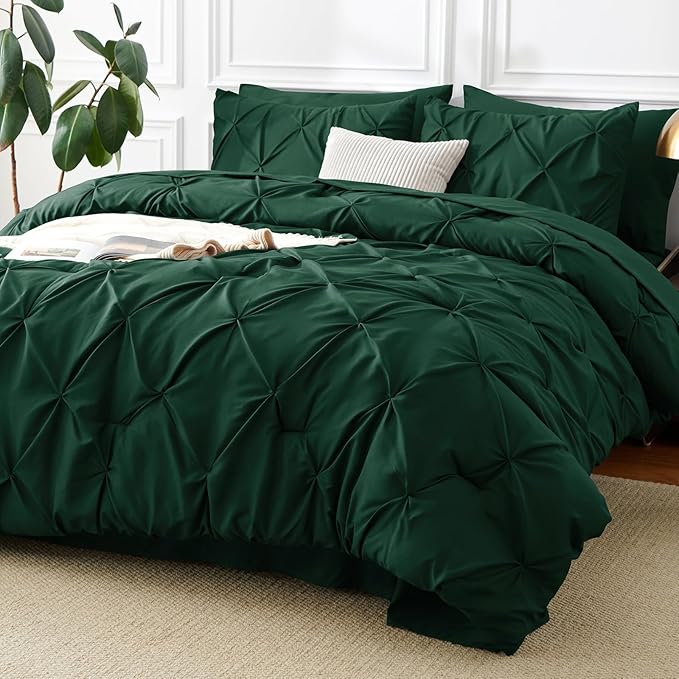 CozyLux Queen Comforter Set Emerald Green, 7 Pieces Pintuck Bed in A Bag, Premium Green Comforter Queen Size, Pinch Pleat Bedding Sets with Comforter, Sheets, Pillowcases & Shams