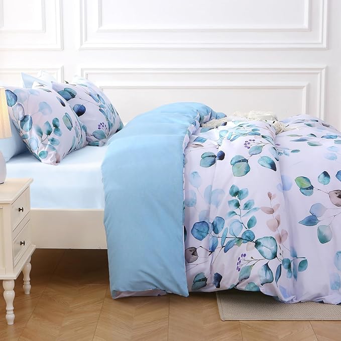 MUXHOMO Bed in a Bag Queen 7 Pieces, Queen Comforter Set Reversible Blue Botanical Flowers Design, Ultra Soft & Breathable Bedding Sets with Comforter, Sheets, Pillowcases & Shams