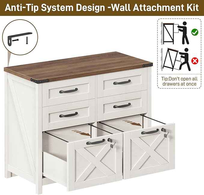 Vabches Lateral File Cabinet with 6 Drawers, Farmhouse File Cabinet with Lock for Letter/A4 Size, Large Wood File Storage Cabinets Printer Stand for Home Office Cabinets, Rustic White
