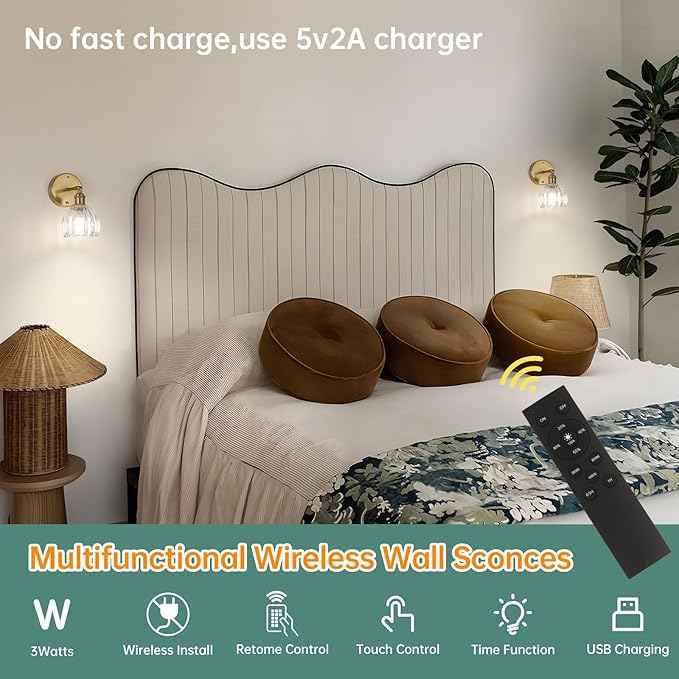 Battery Operated Vintage Wall Sconces with Transparent Tulip Glass Lampshade Battery Powered Wall Lighting for Bedside Bedroom Doorway, Set of 2