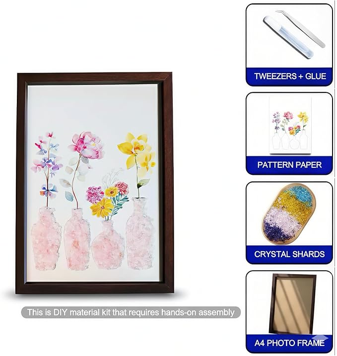 Boohyjtong DIY Rose Quartz Crystal Art Kit - Natural Pink Gemstone Mosaic Wall Decor, Framed Floral Vase Craft for Adults, Healing Love Stone Gift for Her, Wedding & Home Decor (Includes A4 Frame)