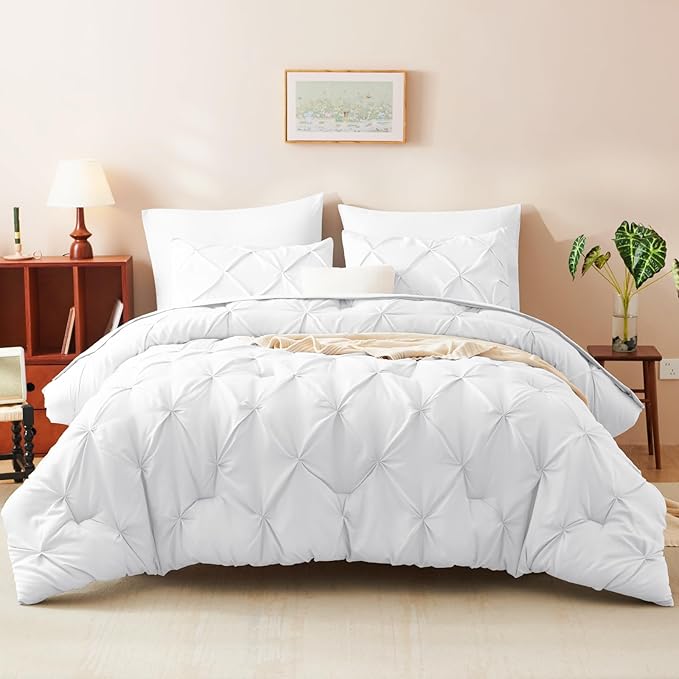 CozyLux King Size Comforter Set White, 7 Pieces Pintuck Bed in A Bag White Comforter King Size, Pinch Pleat Bedding Set with All Season Comforter, Sheets, Pillowcases & Shams