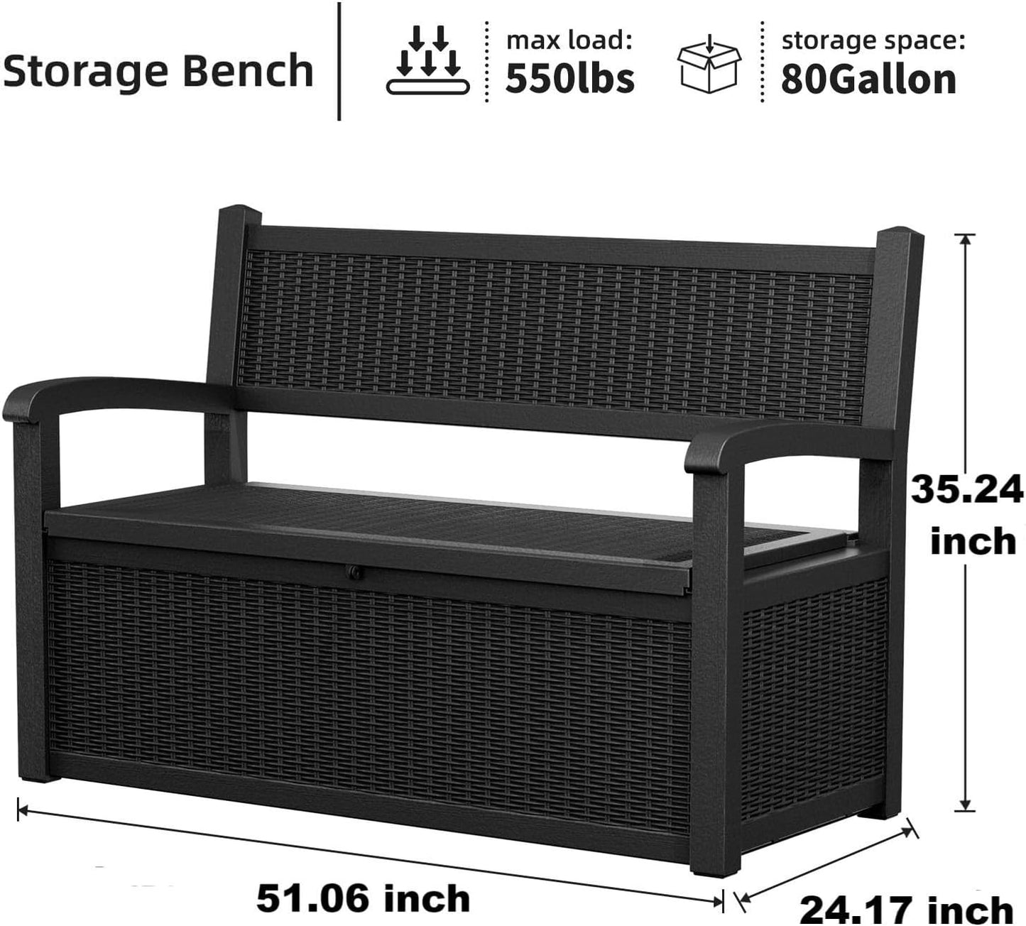 DRATO 75 Gallon Storage Bench Deck Box Outdoor Indoor,Lockable Durable All-Weather Seating with Hidden Storage,Deck Storage for Garden, Pool, Patio,Black