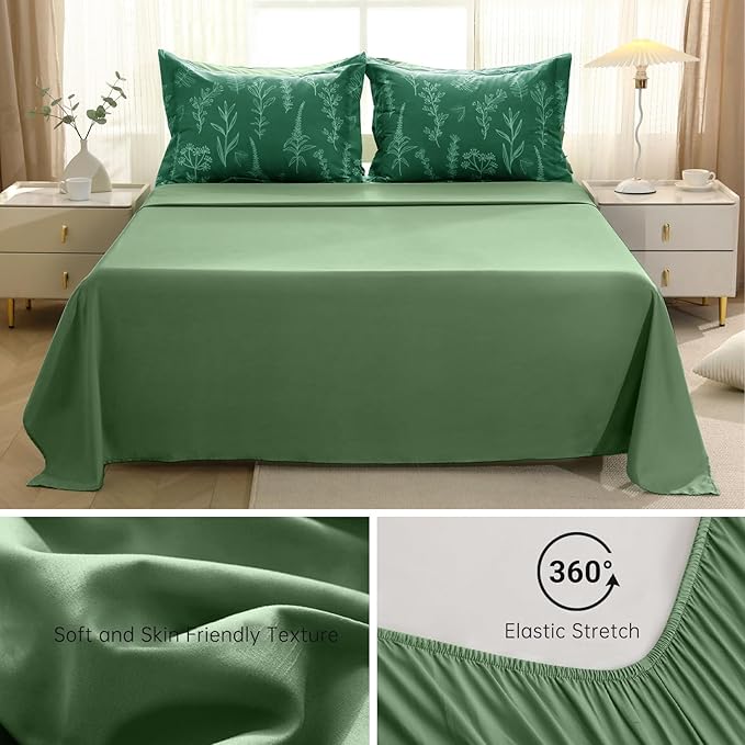 MUXHOMO Emerald Green Bed in a Bag Queen 7 Pieces, Queen Comforter Set Reversible Botanical Flowers Design, Ultra Soft & Breathable Bedding Sets with Comforter, Sheets, Pillowcases & Shams