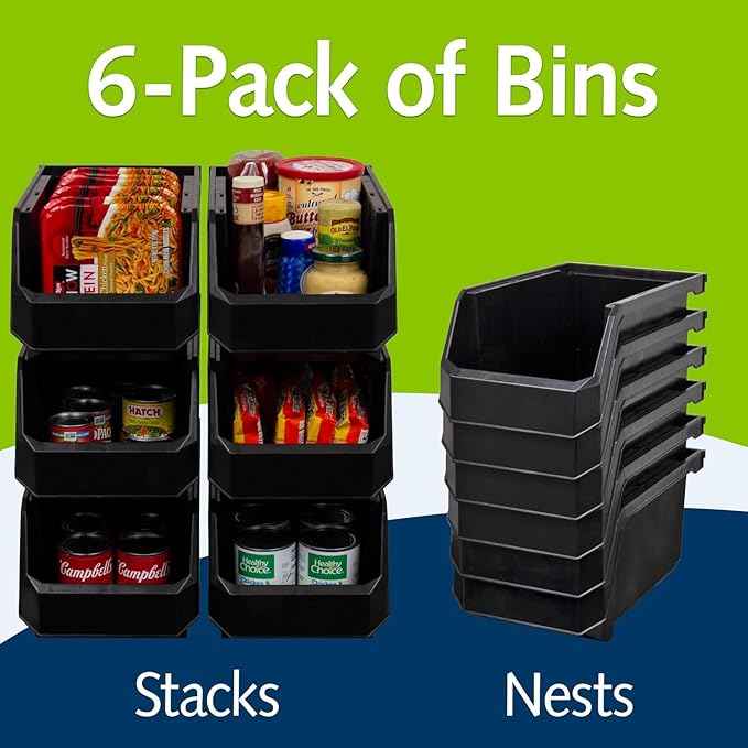 Plastic Containers for Organizing and Storage Bins for Closet, Kitchen, Office, Garage or Pantry Organization, Stackable Bins, Large (14.8" x 8" x 7"), 6-Pack, Black