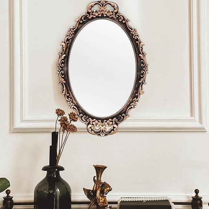 Vintage Decorative Gold Framed Mirror, Wall Hanging Mirrors & Tabletop Tray for Bedroom Living Room Dresser Decor, Oval- 9.6" W x 14.3" L (Bronze)