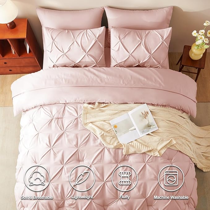 CozyLux Twin Comforter Set with Sheets Blush Pink, 5 Pieces Pintuck Bed in A Bag, Twin Bed Set Gift for Family, Pinch Pleat Bedding Set with Comforter, Sheets, Pillowcase & Sham