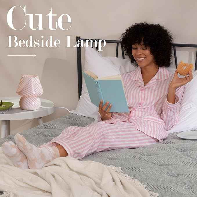 ONEWISH Mushroom Lamp-Small Bedside Table Lamp with Striped Glass, Nightstand Lamp for Bedroom, Living Room, Cafe, Bulb Included, Home Decor for Girls Women, Pink