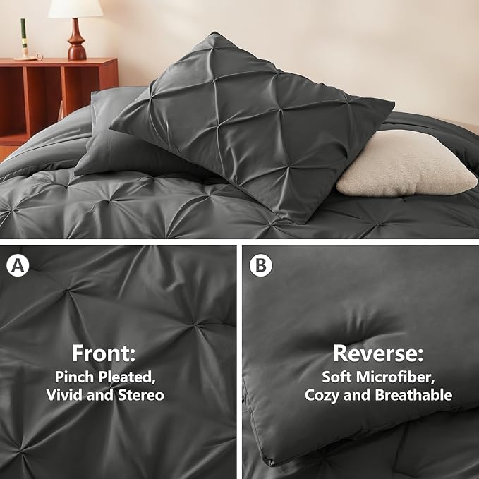 CozyLux King Size Comforter Set Dark Grey, 7 Pieces Pintuck Bed in A Bag Gray Comforter King Size, Pinch Pleat Bedding Set with All Season Comforter, Sheets, Pillowcases & Shams