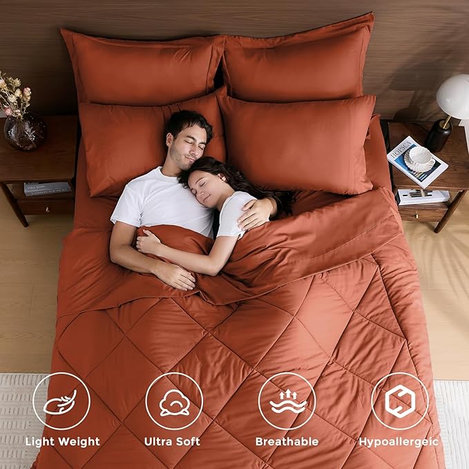 HEVUMYI Burnt Orange Cali-King Comforter Set - 7-Piece All Season Bed in a Bag Cali-King, Ultra Soft Bedding Set with Comforter, Flat Sheet, Fitted Sheet, Pillowcases, Pillow Shams
