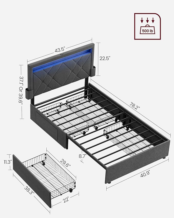 VASAGLE LED Bed Frame Twin Size, Twin Bed with Headboard and 4 Drawers, 1 USB Port and 1 Type C Port, Adjustable Upholstered Headboard 37.1/39.6 Inches, No Box Spring Needed, Dark Gray URMB823G71