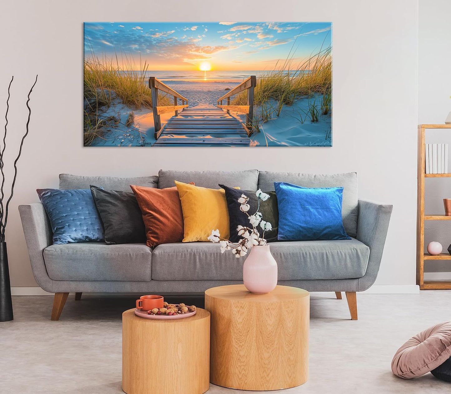 LASMOND Beautiful White Sandy Beach Pier by Seaside at Sunset Landscape Wall Art Decor Artwork for Bedroom Living Room (20x40 Inches)