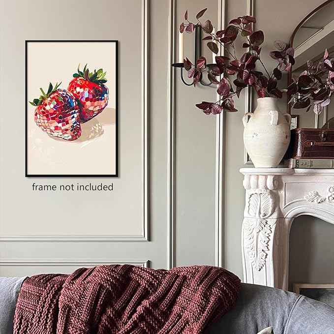 Funky Red Strawberry Disco Wall Art,Trendy Disco Ball Poster For Girls Room, Coquette Strawberries Picture Print, Art Fruit Poster For Home Bedroom Dorm wall Decor 24x36in Unframed