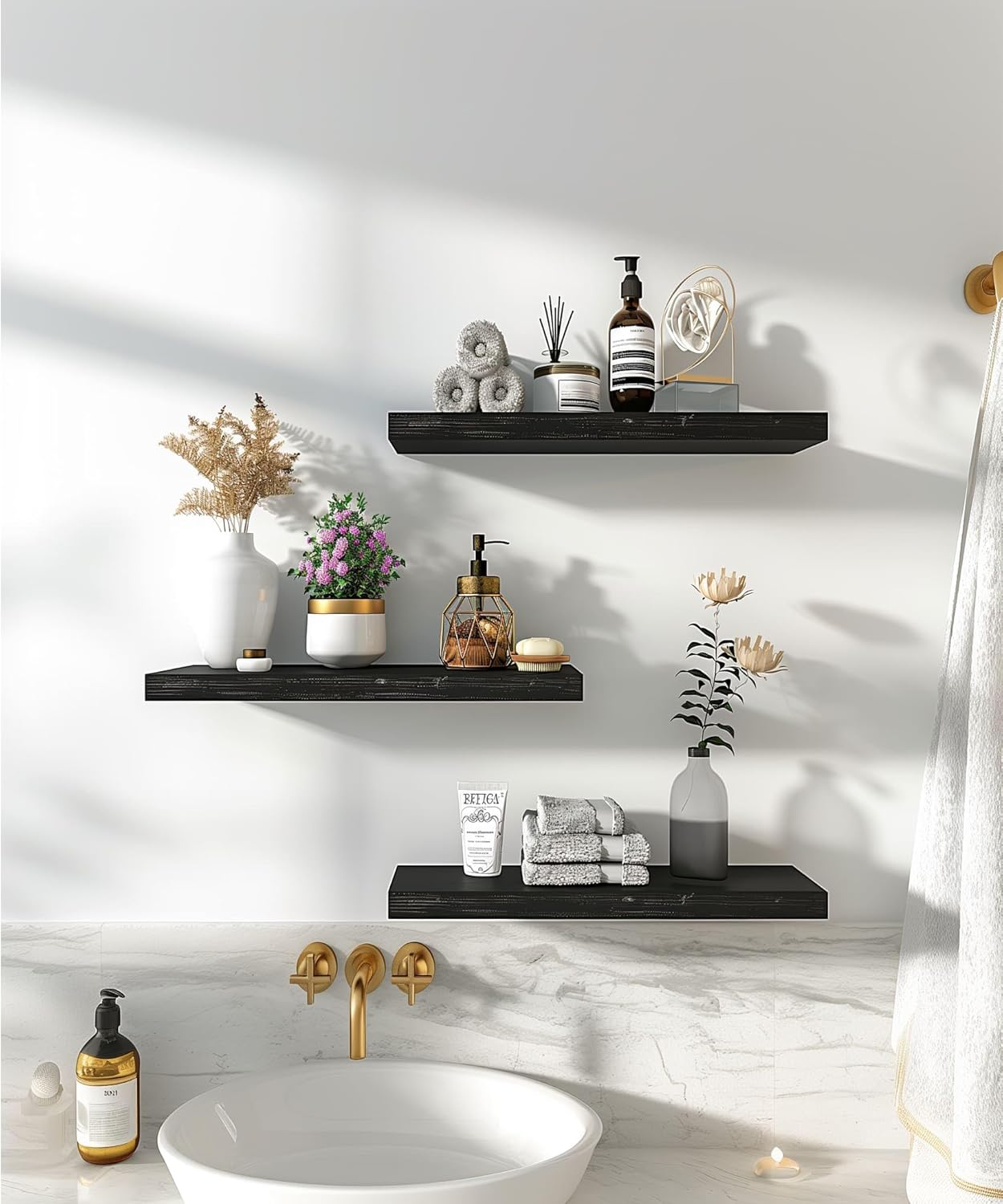 Wood Floating Shelves for Wall Decor, Rustic Wall Shelves for Bedroom Bathroom Kitchen Living Room, Set of 6 Black - Décor Diaries