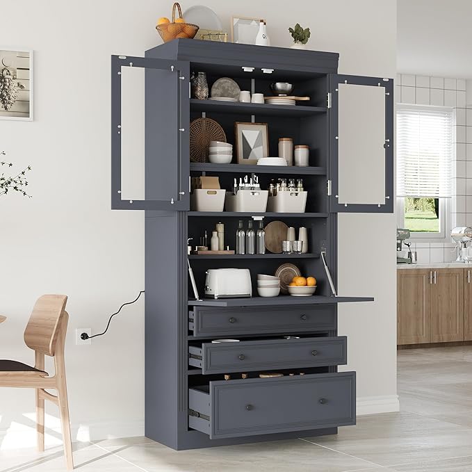 Merax 78 Inch Extra-Tall Freestanding Kitchen Pantry Storage Cabinet, Multifunctional Cupboard with 3 Drawers, Adjustable Shelves & Power Outlet Drop-Down Surface for Dining and Living Room, Grey