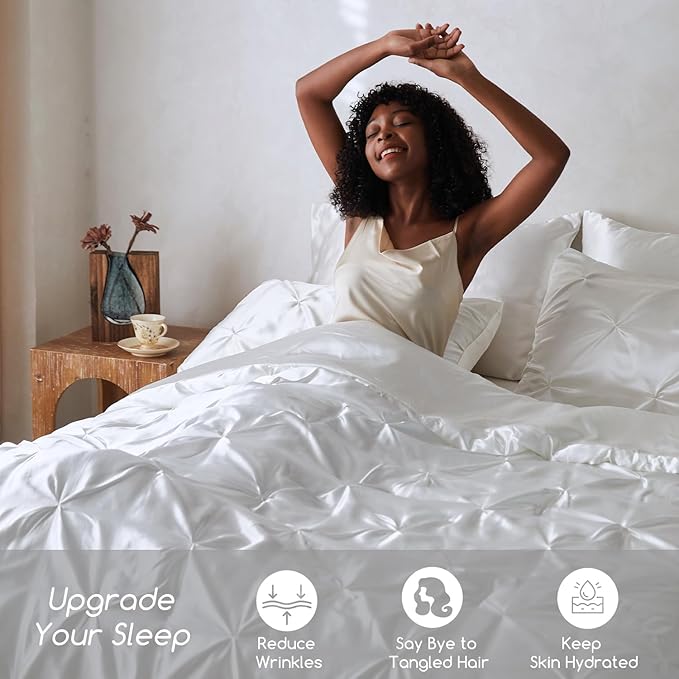 MR&HM Satin Comforter California King 7 Pieces White - Luxurious Pinch Pleat Bedding Set with Comforter, Flat Sheet, Fitted Sheet, Pillowcases & Shams, Super Silky Soft Bed Set for All Season