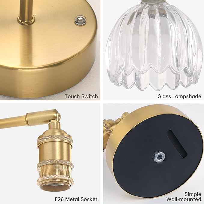 Battery Operated Vintage Wall Sconces with Transparent Tulip Glass Lampshade Battery Powered Wall Lighting for Bedside Bedroom Doorway, Set of 2