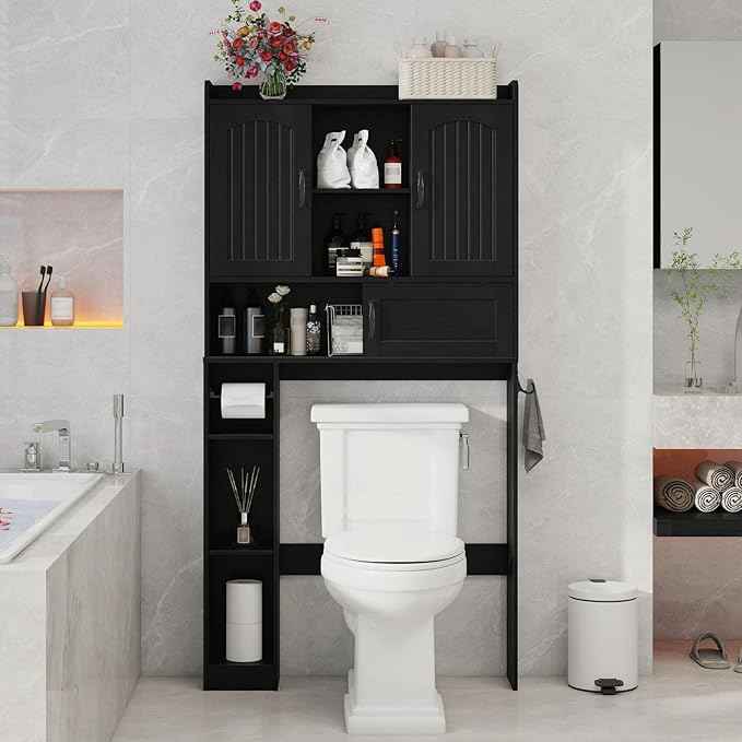 Vabches Farmhouse Over The Toilet Storage Cabinet with 2 Barn Doors & Sliding Door, Over The Toilet Bathroom Organizer with Open Storage Layer and Adjustable Shelves & Hooks.Black