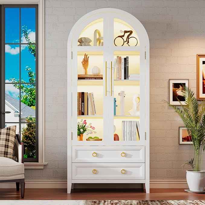 Arched Curio Cabinet with Glass Doors, 4-Tier Display Cabinet with 2 Drawers, Tall Bookcase with 3 Color Lights, Display Case, Kitchen Pantry (White)