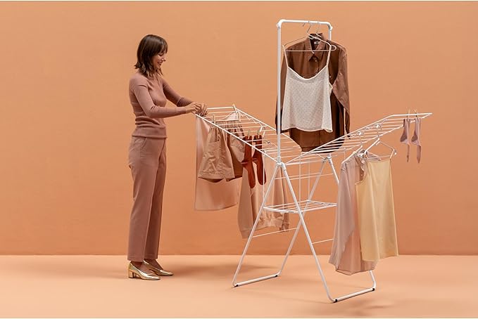 Brabantia HangOn Clothes Drying Rack with Garment Rail | 82ft (25m) | White | Large Indoor Clothes Airer Laundry Stand with 2 Fold-Out Wings & Hanger Hooks, Folds Flat | Fits 3 Full Loads