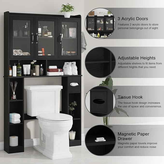 Vabches Over The Toilet Storage Cabinet,Farmhouse Bathroom Organizer with Glass Doors and Adjustable Shelf,Home Space-Saving Toilet Rack,for Restroom,Bathroom, Laundry