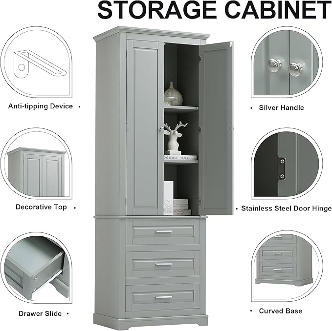 62.2" Wide Storage Cabinet Pantry Cupboard with Doors and Drawers for Home Kitchen, Bathroom and Living Room, Adjustable Shelf, White