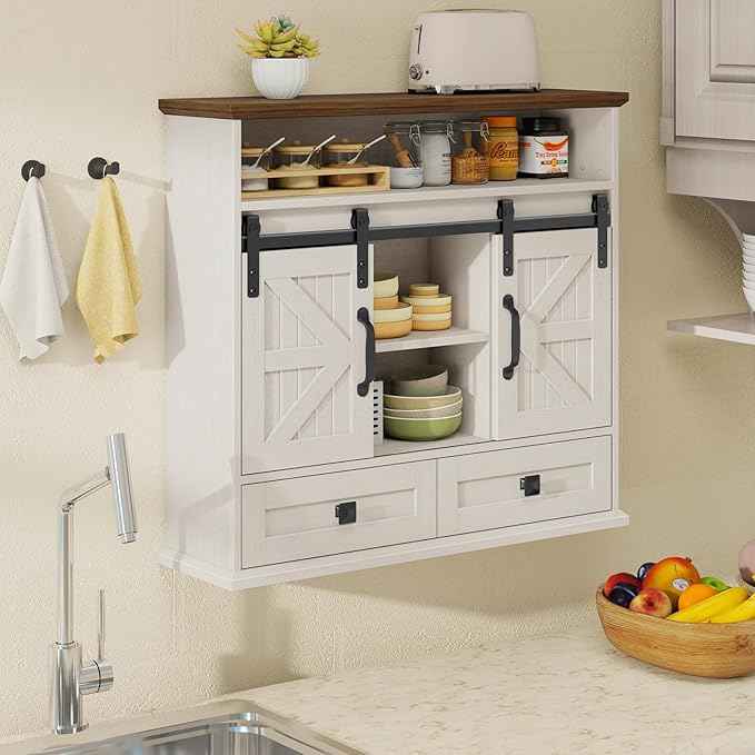 Vabches Bathroom Wall Cabinet, Farmhouse Medicine Cabinet with Double Sliding Barn Door and Storage Drawer, Wooden Vintage Storage Cabinet Wall Mounted for Bathroom, Kitchen, Rustic White and Brown