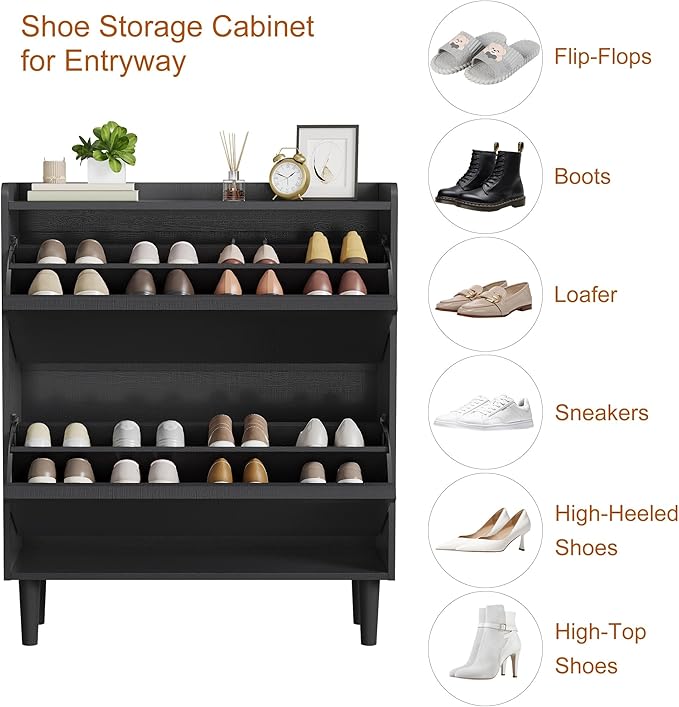 GarveeHome Shoe Cabinet with 2 Flip Drawers, Wooden Shoe Organizer Cabinet with Adjustable Shelf, Shoe Storage for Entryway, Hidden Shoe Cabinet for Hallway, Living Room, Black