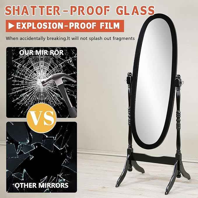 Full Length Mirror with Stand, Swivel Adjustable Oval Wood Cheval Floor Mirror, Dressing Cheval Mirror for Bedroom Livingroom, Interior Gift Idea (Black)