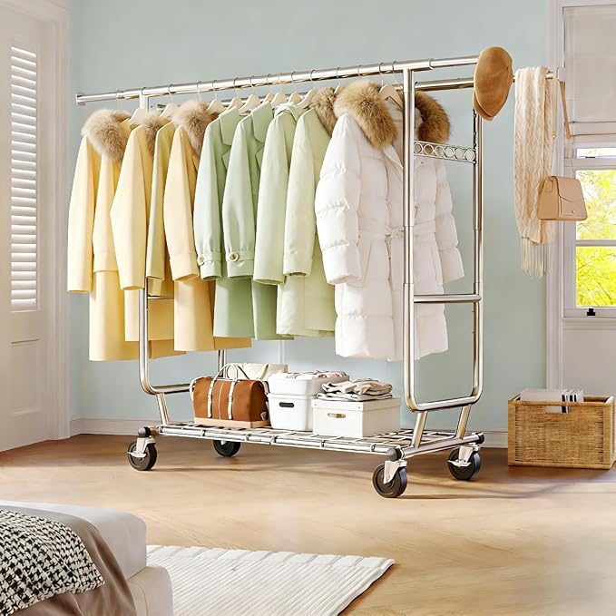 Raybee Clothes Rack Load 630LBS, Heavy Duty Clothes Rack, Rolling Clothing Racks for Hanging Clothes with Wheels, Adjustable & Commercial Garment Rack, 22" D x 75" W x 68" H