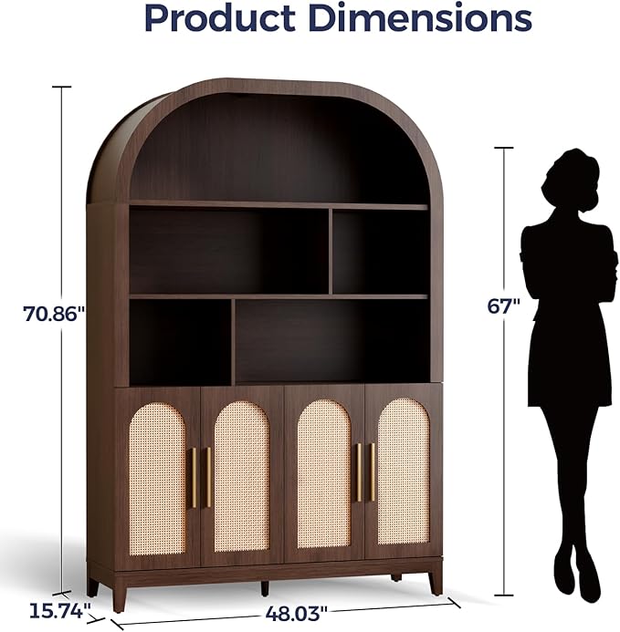 71" Tall Wide Arched Storage Cabinet, 5-Tier Rattan-Door Bookcase with Divider Shelf & Gold Pull Handles, Wood Versatile Pantry Organizer for Living Room/Kitchen/Office, Walnut