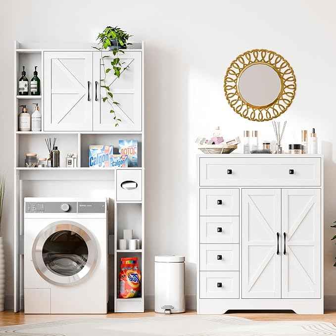 Vabches Farmhouse Storage Cabinet with 2 Doors and 5 Drawers, Freestanding Bathroom Cabinets Kitchen Pantry, Floor Storage Cabinet Hutch Cupboard for Living Room/Bathroom/Kitchen.White