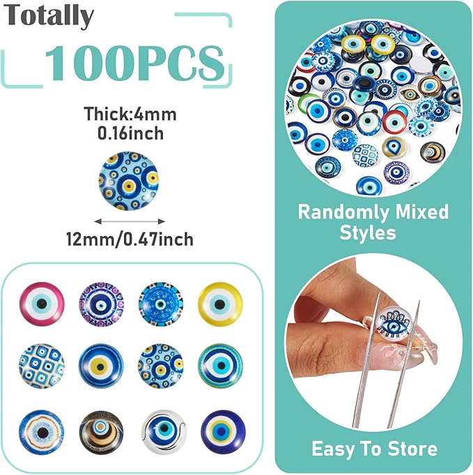 Craftora 100Pcs Evil Eye Glass Cabochons for Jewelry Making, 12x4mm Blue Eyes Half Round Cameo Dome Tiles Flatback Dome Cabochons for DIY Bracelets Necklace Scrapbooking DIY Crafts